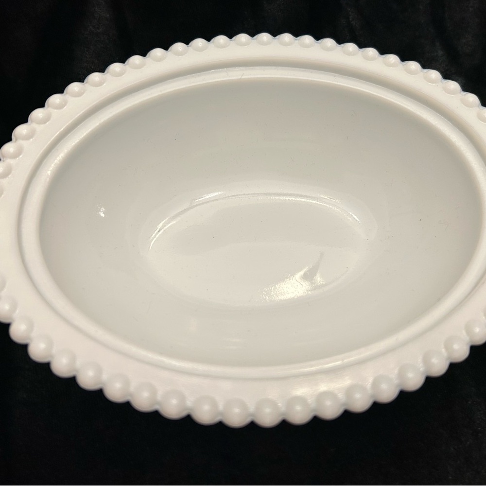 Elegant Vintage Oval Milk Glass Dish with Beaded Edge